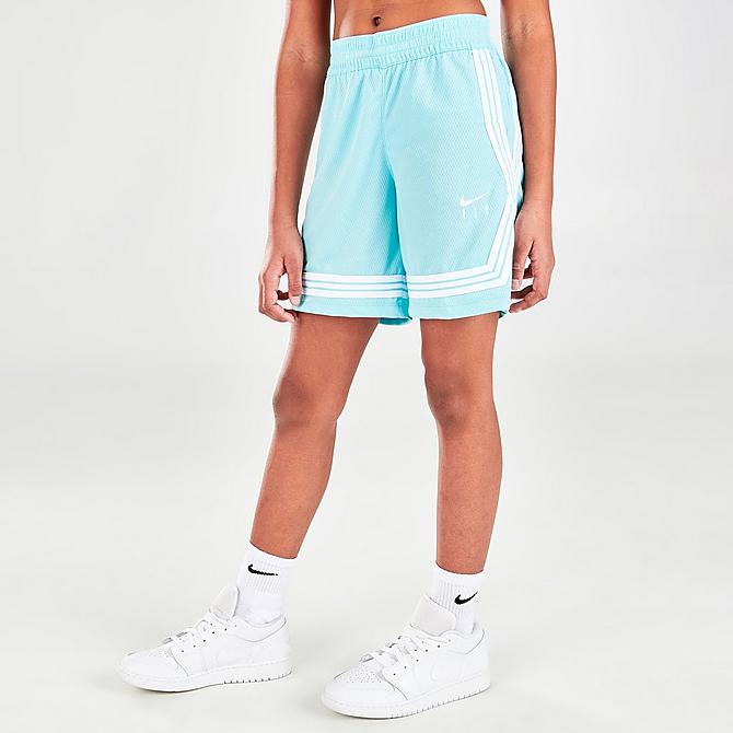 Front Three Quarter view of Girls' Nike Fly Crossover Training Shorts in Copa/White Click to zoom