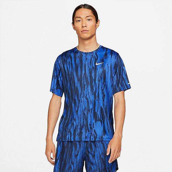 Front view of Men's Nike Dri-FIT Miler Wild Run Printed T-Shirt in Game Royal Click to zoom