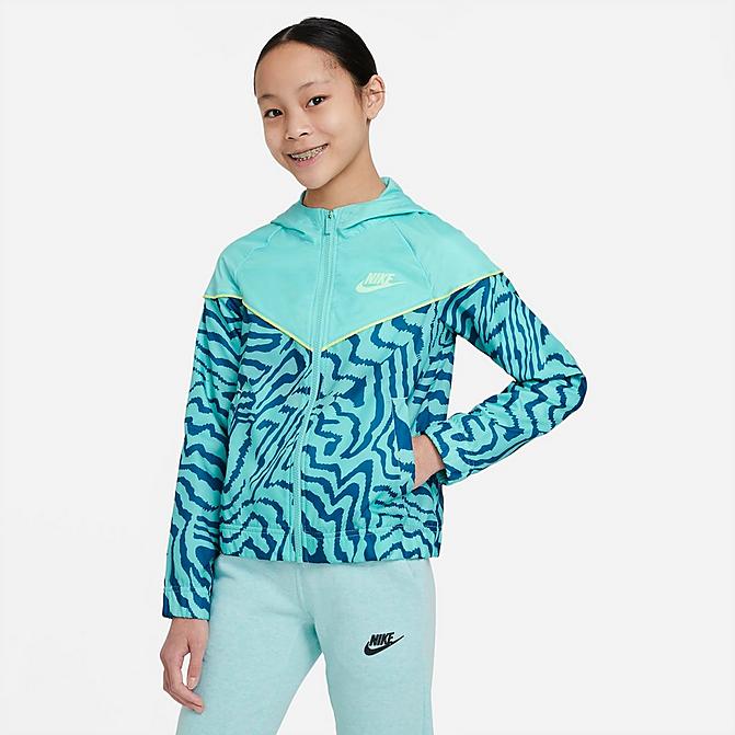 Front view of Girls' Nike Sportswear Printed Jacket in Tropical Twist/Light Zitron/Glow in the Dark Click to zoom