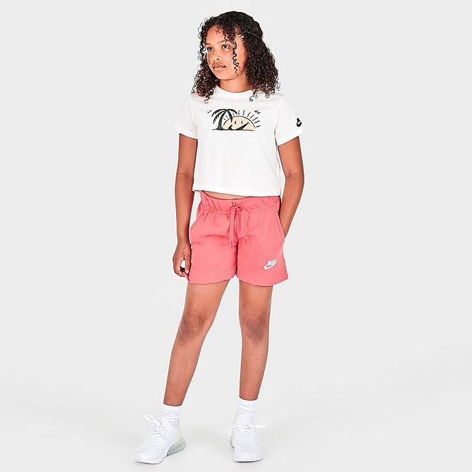 Front Three Quarter view of Girls' Big Kids' Nike Club French Terry Shorts in Pink Salt/White Click to zoom