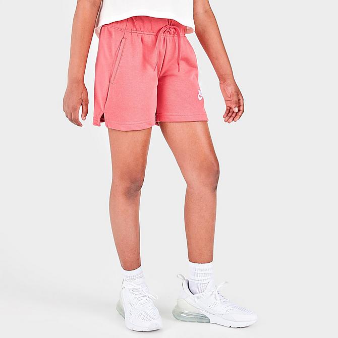 Back Left view of Girls' Big Kids' Nike Club French Terry Shorts in Pink Salt/White Click to zoom