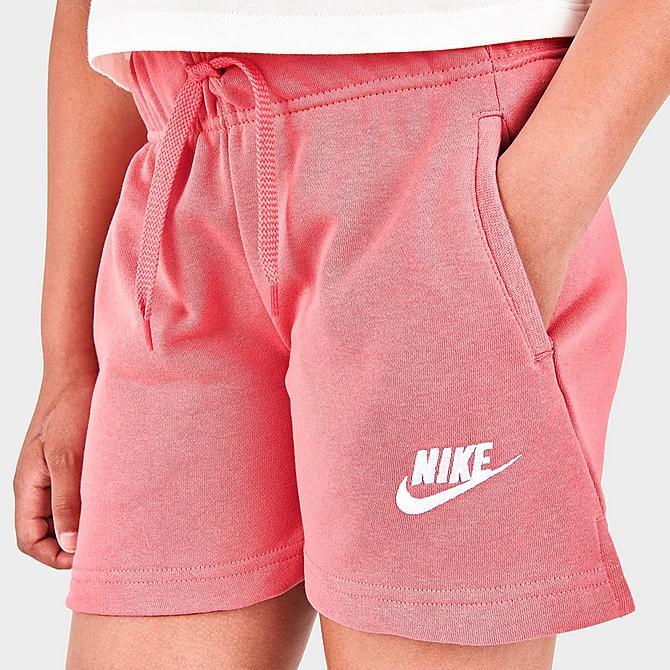 On Model 5 view of Girls' Big Kids' Nike Club French Terry Shorts in Pink Salt/White Click to zoom