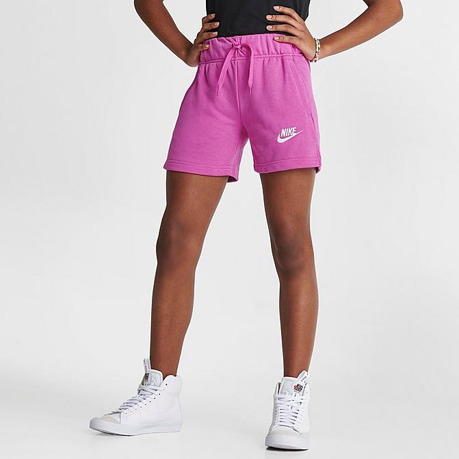 Front view of Girls' Big Kids' Nike Club French Terry Shorts in Active Fuchsia/White Click to zoom