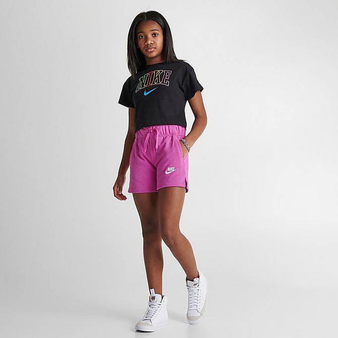Front Three Quarter view of Girls' Big Kids' Nike Club French Terry Shorts in Active Fuchsia/White Click to zoom