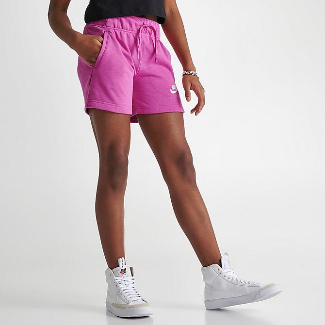 Back Left view of Girls' Big Kids' Nike Club French Terry Shorts in Active Fuchsia/White Click to zoom