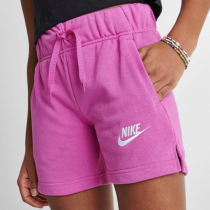 On Model 5 view of Girls' Big Kids' Nike Club French Terry Shorts in Active Fuchsia/White Click to zoom