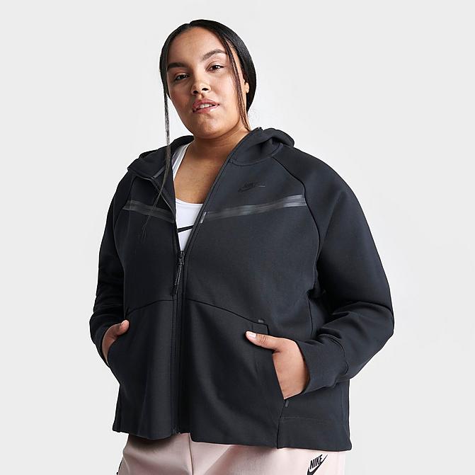 Front view of Women's Nike Sportswear Tech Fleece Windrunner Full-Zip Hoodie (Plus Size) in Black/Black Click to zoom