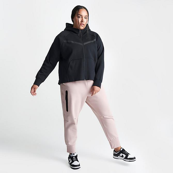 Front Three Quarter view of Women's Nike Sportswear Tech Fleece Windrunner Full-Zip Hoodie (Plus Size) in Black/Black Click to zoom