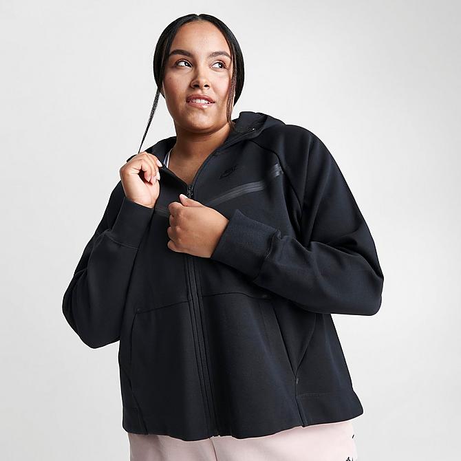 Back Left view of Women's Nike Sportswear Tech Fleece Windrunner Full-Zip Hoodie (Plus Size) in Black/Black Click to zoom
