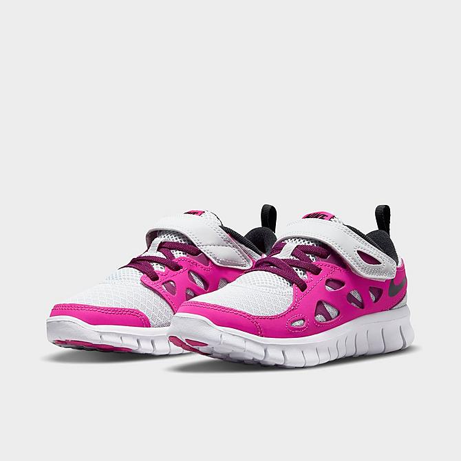 Three Quarter view of Girls' Little Kids' Nike Free Run 2 Running Shoes in Pure Platinum/Black/Pink Prime/Sangria Click to zoom