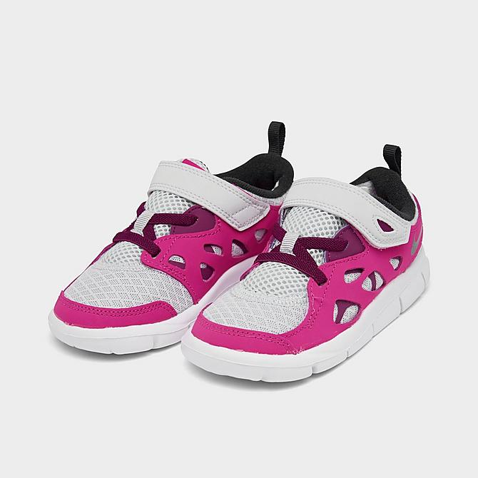 Three Quarter view of Girls' Toddler Nike Free Run 2 Hook-and-Loop Running Shoes in Pure Platinum/Black/Pink Prime/Sangria Click to zoom