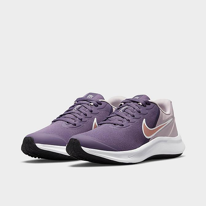 Three Quarter view of Girls' Big Kids' Nike Star Runner 3 Running Shoes in Canyon Purple/Amethyst Ash/Metallic Red Bronze Click to zoom