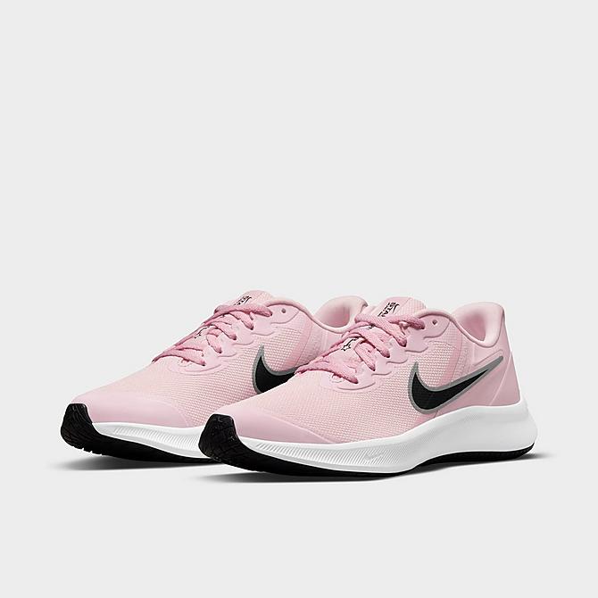 Three Quarter view of Girls' Big Kids' Nike Star Runner 3 Running Shoes in Pink Foam/Black/Metallic Silver Click to zoom