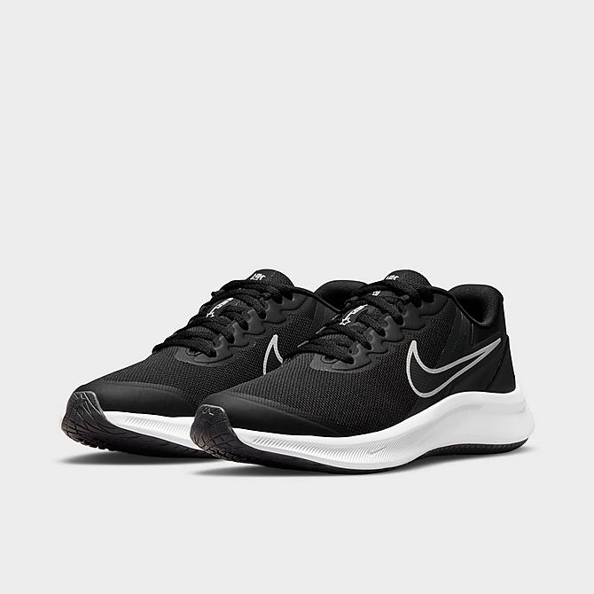 Three Quarter view of Big Kids' Nike Star Runner 3 Running Shoes in Black/Dark Smoke Grey/White Click to zoom