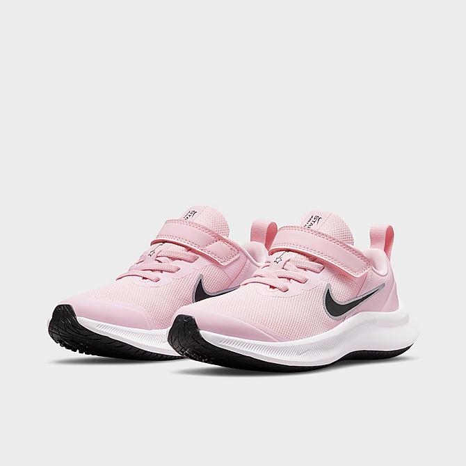 Three Quarter view of Girls' Little Kids' Nike Star Runner 3 Hook-and-Loop Running Shoes Click to zoom