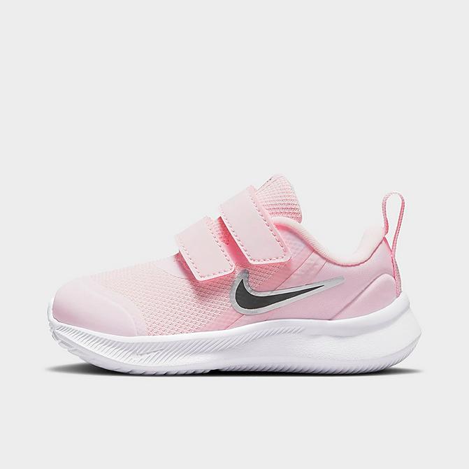 Right view of Girls' Toddler Nike Star Runner 3 Hook-and-Loop Running Shoes in Pink Foam/Black/Metallic Silver Click to zoom