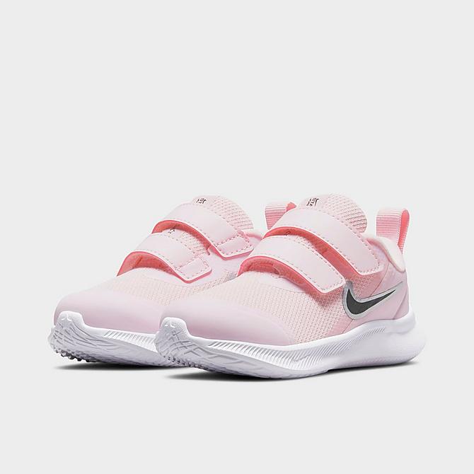 Three Quarter view of Girls' Toddler Nike Star Runner 3 Hook-and-Loop Running Shoes in Pink Foam/Black/Metallic Silver Click to zoom