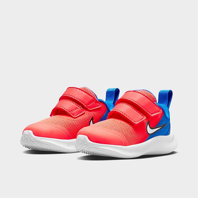 Three Quarter view of Kids' Toddler Nike Star Runner 3 Hook-and-Loop Running Shoes in Bright Crimson/White/Racer Blue/Black Click to zoom