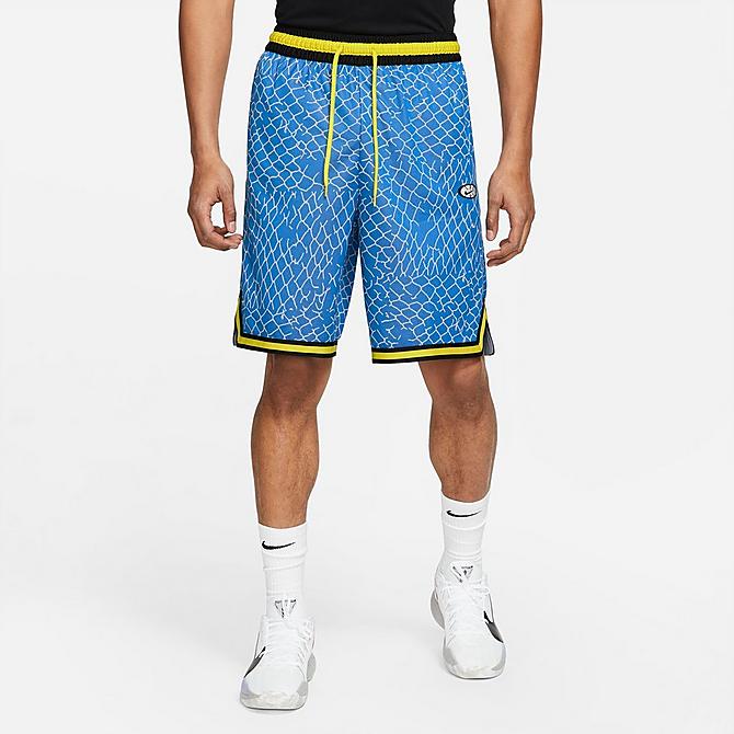 Front Three Quarter view of Men's Nike DNA Seasonal Graphic Basketball Shorts in Signal Blue/Light Smoke Grey/Black Click to zoom