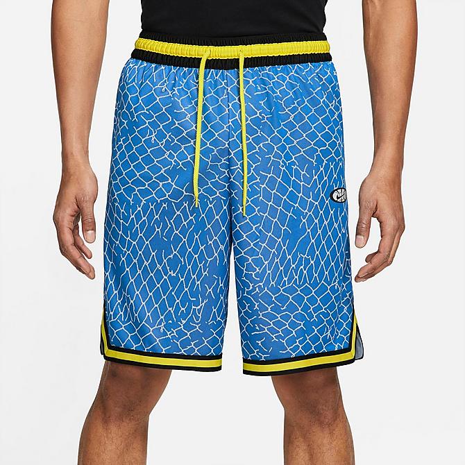 Back Left view of Men's Nike DNA Seasonal Graphic Basketball Shorts in Signal Blue/Light Smoke Grey/Black Click to zoom