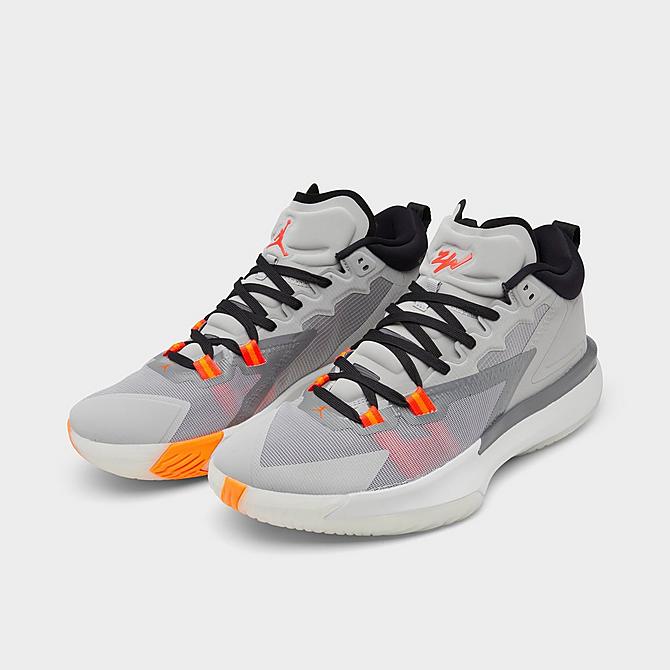 Three Quarter view of Jordan Zion 1 Basketball Shoes in Light Smoke Grey/Total Orange/Smoke Grey Click to zoom
