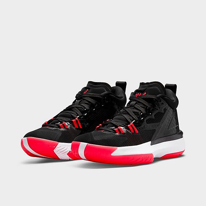 Three Quarter view of Big Kids' Jordan Zion 1 Basketball Shoes in Black/Bright Crimson/White Click to zoom