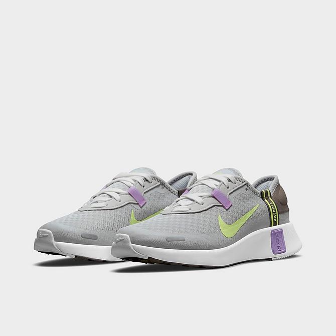 Three Quarter view of Boys' Big Kids' Nike Reposto Casual Shoes in Grey Fog/Light Lemon Twist/Lilac Click to zoom