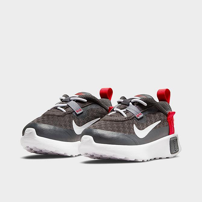 Three Quarter view of Boys' Toddler Nike Reposto Training Shoes in Dark Smoke Grey/White/Bright Crimson/University Red Click to zoom