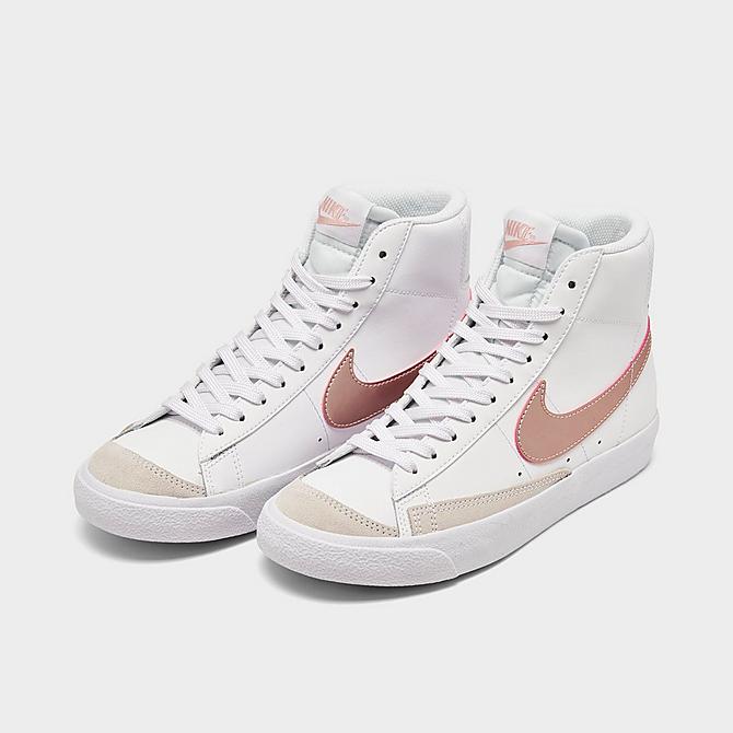 Three Quarter view of Girls' Big Kids' Nike Blazer Mid '77 Casual Shoes in White/Pink Glaze Click to zoom