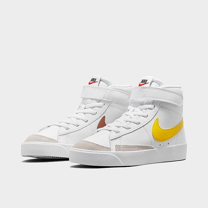Three Quarter view of Little Kids' Blazer Mid '77 Hook-and-Loop Casual Shoes in White/Pecan/Vivid Sulfur Click to zoom