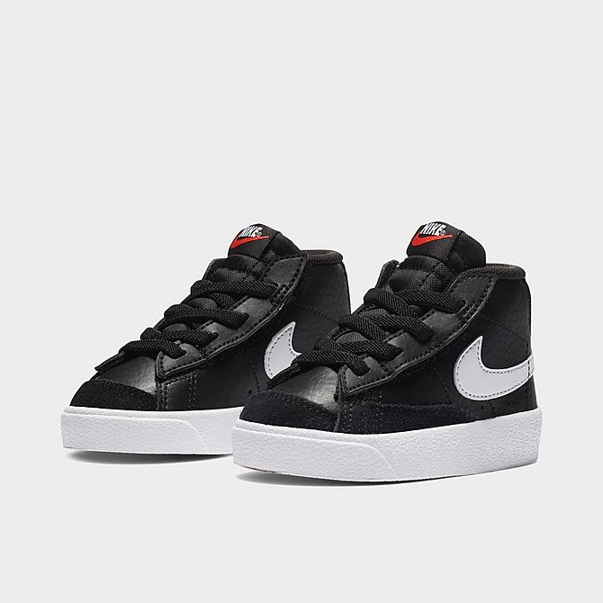 Three Quarter view of Kids' Toddler Nike Blazer Mid '77 Casual Shoes in Black/White-White-Total Orange Click to zoom