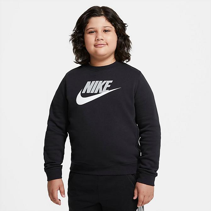 Front view of Kids' Nike Sportswear Club Fleece Crewneck Sweatshirt (Plus Size) in Black/White Click to zoom