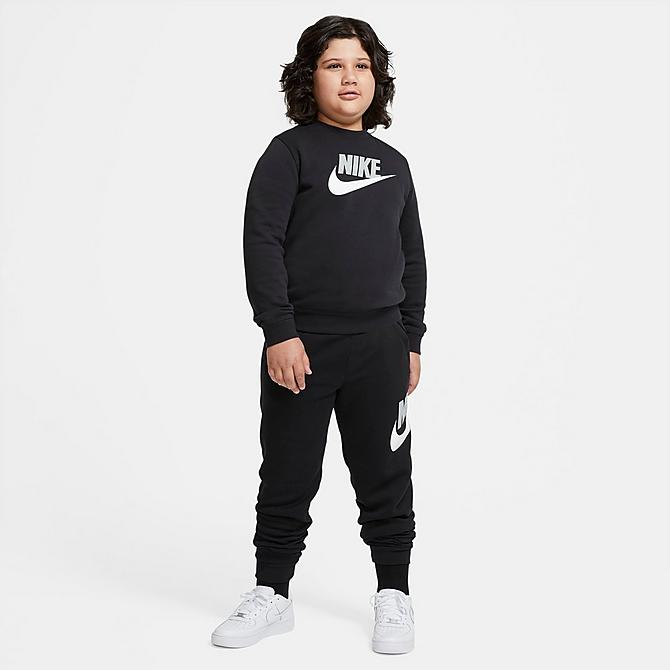 Front Three Quarter view of Kids' Nike Sportswear Club Fleece Crewneck Sweatshirt (Plus Size) in Black/White Click to zoom