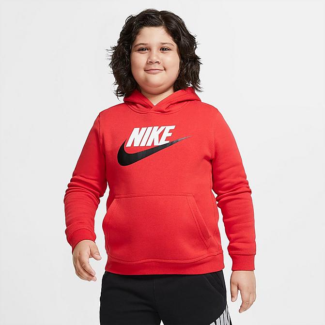 Front view of Kids' Nike Sportswear HBR Club Fleece Hoodie (Plus Size) in University Red Click to zoom