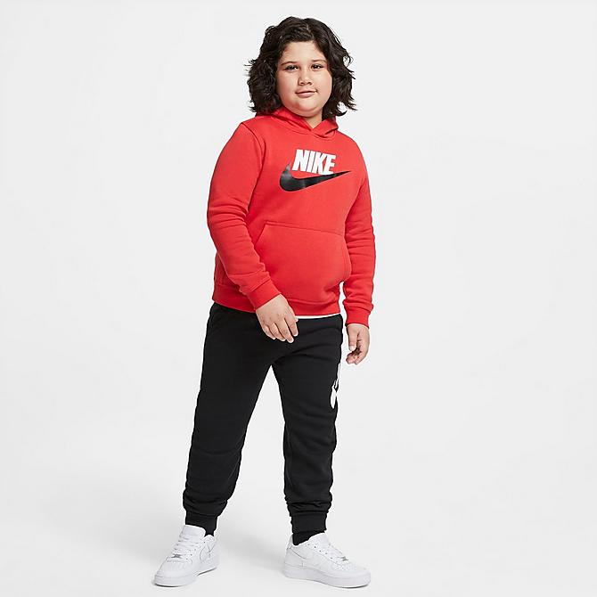 Front Three Quarter view of Kids' Nike Sportswear HBR Club Fleece Hoodie (Plus Size) in University Red Click to zoom