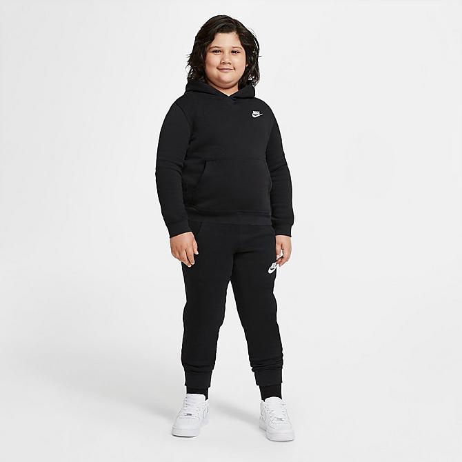 Front Three Quarter view of Boys' Nike Sportswear Club Fleece Pullover Hoodie (Plus Size) in Black Click to zoom