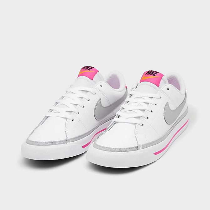 Three Quarter view of Girls' Big Kids' Nike Court Legacy Casual Shoes in White/Light Smoke Grey/Pink Prime/Kumquat Click to zoom