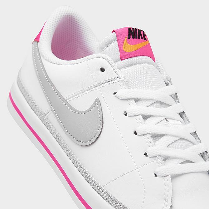 Front view of Girls' Big Kids' Nike Court Legacy Casual Shoes in White/Light Smoke Grey/Pink Prime/Kumquat Click to zoom