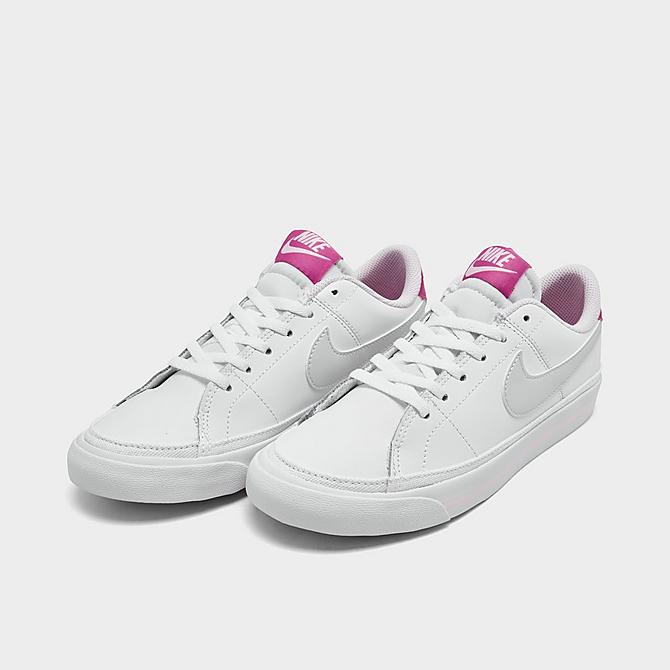 Three Quarter view of Girls' Big Kids' Nike Court Legacy Casual Shoes in White/Football Grey/Cosmic Fuchsia Click to zoom
