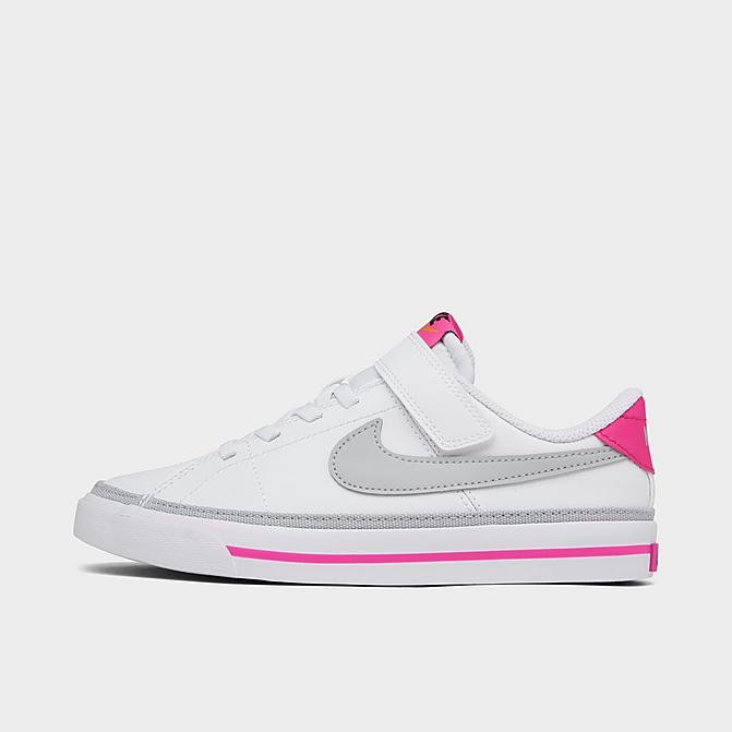Right view of Girls' Little Kids' Nike Court Legacy Casual Shoes in White/Light Smoke Grey/Pink Prime/Kumquat Click to zoom