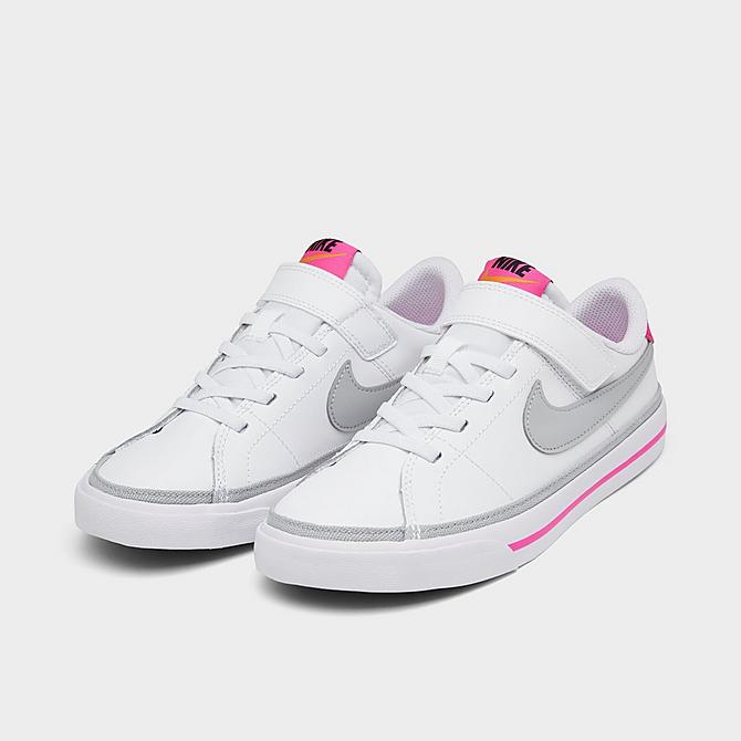 Three Quarter view of Girls' Little Kids' Nike Court Legacy Casual Shoes in White/Light Smoke Grey/Pink Prime/Kumquat Click to zoom