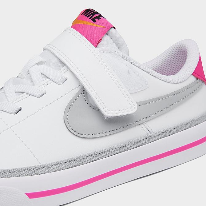 Front view of Girls' Little Kids' Nike Court Legacy Casual Shoes in White/Light Smoke Grey/Pink Prime/Kumquat Click to zoom