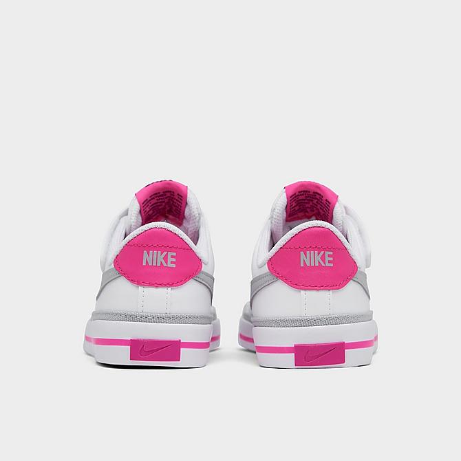 Left view of Girls' Little Kids' Nike Court Legacy Casual Shoes in White/Light Smoke Grey/Pink Prime/Kumquat Click to zoom