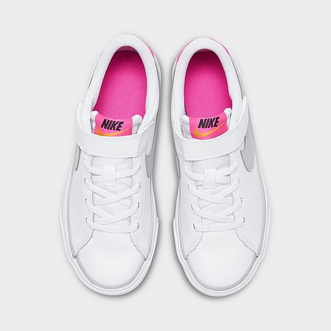Back view of Girls' Little Kids' Nike Court Legacy Casual Shoes in White/Light Smoke Grey/Pink Prime/Kumquat Click to zoom