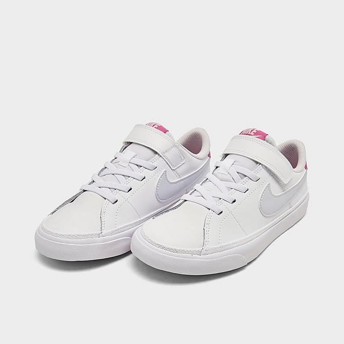 Three Quarter view of Girls' Little Kids' Nike Court Legacy Casual Shoes in White/Football Grey/Cosmic Fuchsia Click to zoom