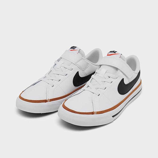 Three Quarter view of Little Kids' Nike Court Legacy Casual Shoes in White/Desert Ochre/Gum Light Brown/Black Click to zoom