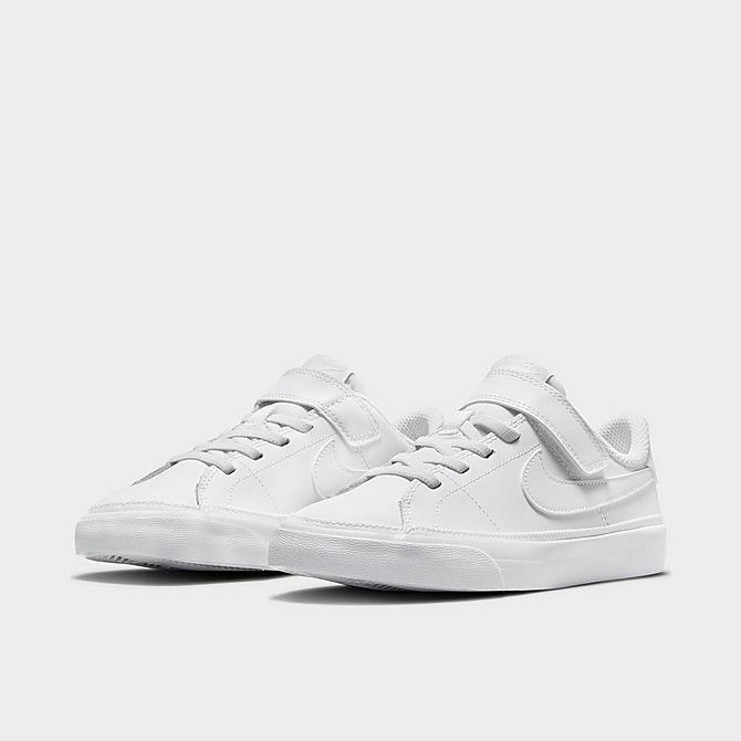 Three Quarter view of Little Kids' Nike Court Legacy Casual Shoes in White/White Click to zoom