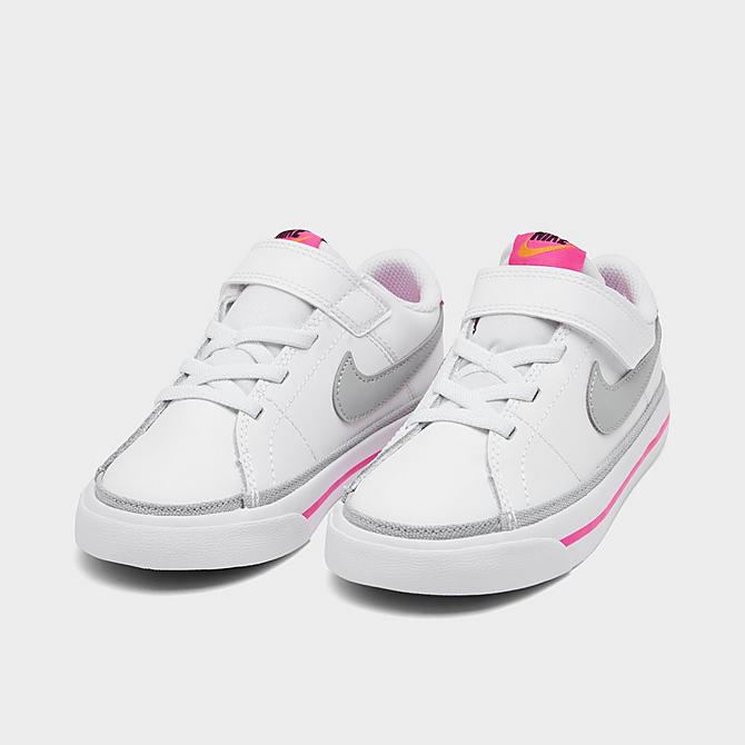 Three Quarter view of Girls' Toddler Nike Court Legacy Casual Shoes in White/Pink Prime/Kumquat/Light Smoke Grey Click to zoom