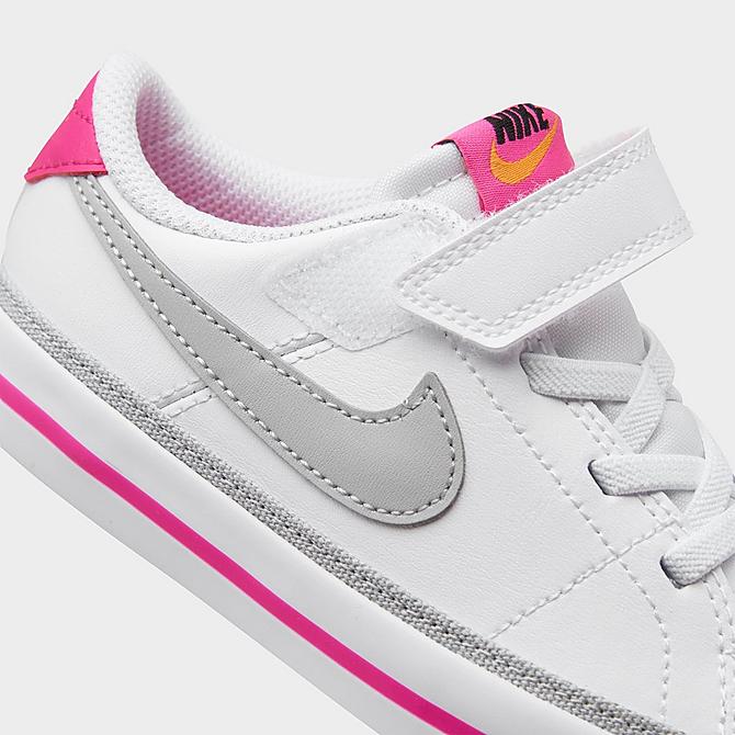 Front view of Girls' Toddler Nike Court Legacy Casual Shoes in White/Pink Prime/Kumquat/Light Smoke Grey Click to zoom