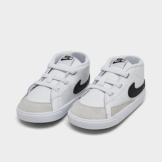 Three Quarter view of Infant Nike Blazer Mid Crib Booties in White/Black/White Click to zoom